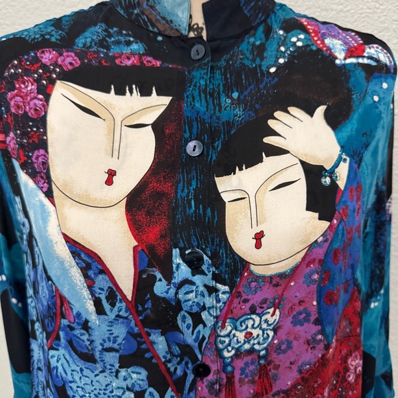 Chico's 100% Silk Blouse Top Asian Geisha All Over Print Size 1 Art to Wear - Picture 2 of 16